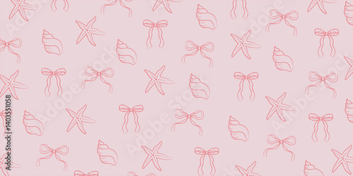 Coquette summer seamless pattern with pink bows, shells, and starfish for backgrounds, presentations, wrapping papers, prints, artworks. Vector illustration	
