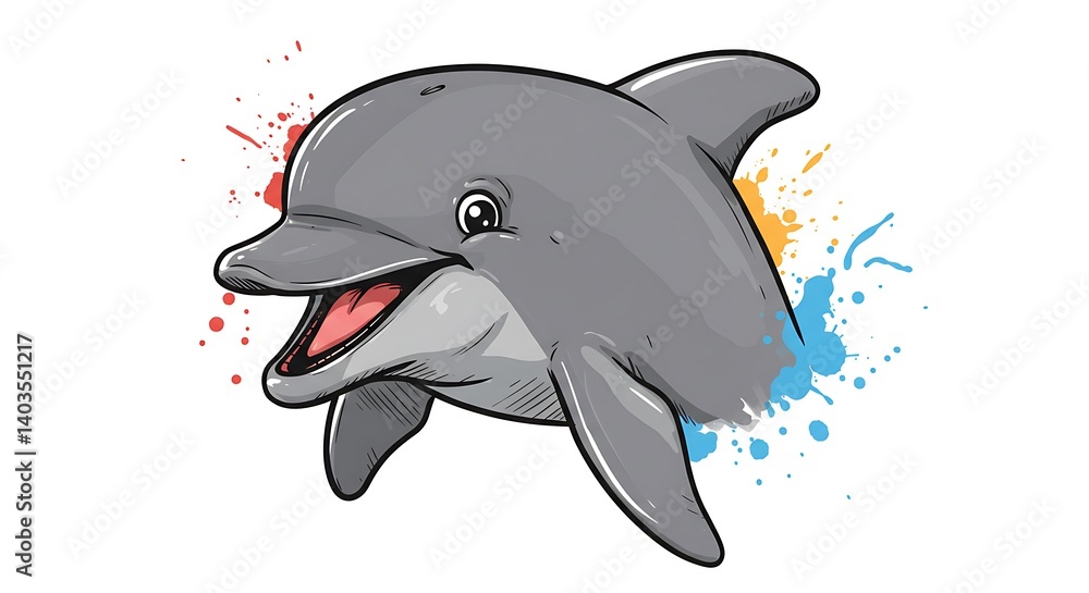 Obraz premium Playful Dolphin Cartoon Illustration: Vibrant Ink Splatter Background AI Generated