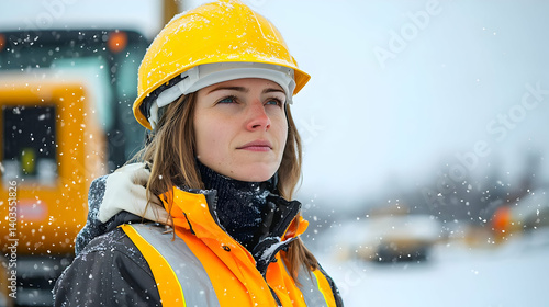 Woman Construction Worker In Winter Snowstorm