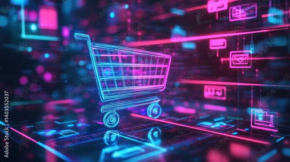 Digital shopping cart, glowing neon, online commerce, data stream, website background Digital shopping cart, glowing neon, online commerce, data stream, website background