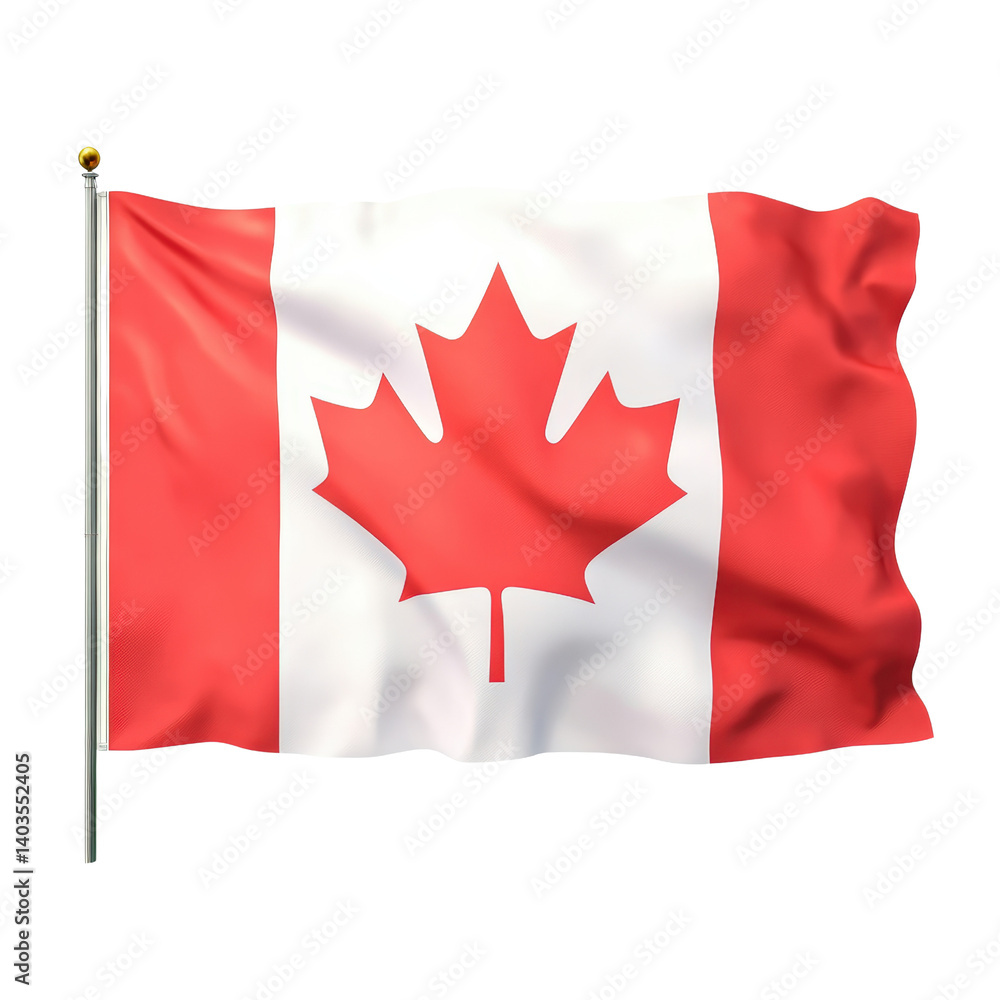 Iconic canadian flag waving proudly against a clear blue sky representing national pride and unity in canada isolated on a white background. Iconic canadian flag waving proudly against a clear blue sky representing national pride and unity in canada isolated on a white background.
