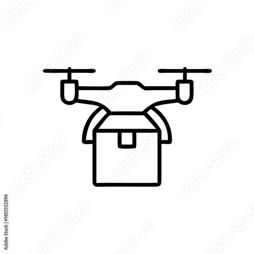A drone swiftly delivers a package, a symbol of modern, efficient delivery services with bold black lines on a white background.