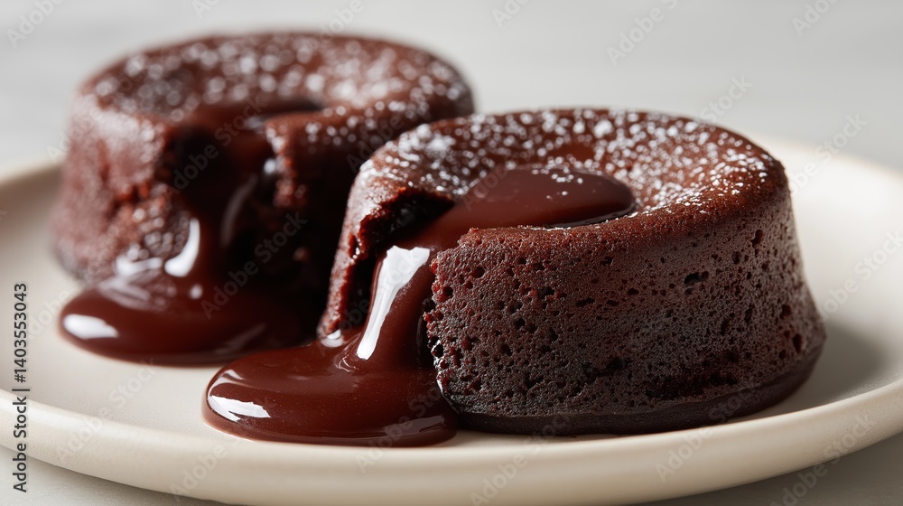Two chocolate cakes on a white plate. the cakes are round and have a smooth texture. they are covered in a thick layer of chocolate sauce, which is dripping down the sides of the cakes. Two chocolate cakes on a white plate. the cakes are round and have a smooth texture. they are covered in a thick layer of chocolate sauce, which is dripping down the sides of the cakes.