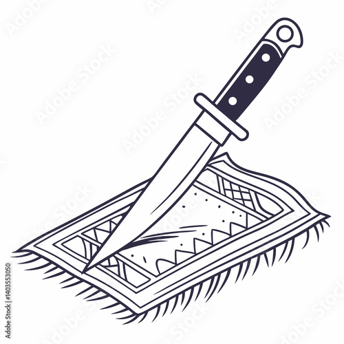 A knife slicing through a richly patterned rug, a stark contrast of violence and intricate detail in bold line art style.