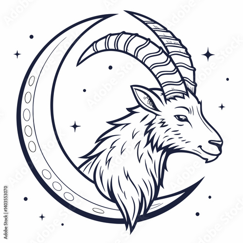 A majestic Capricorn gazing serenely upon a crescent moon, adorned with stars, in a captivating line art style.