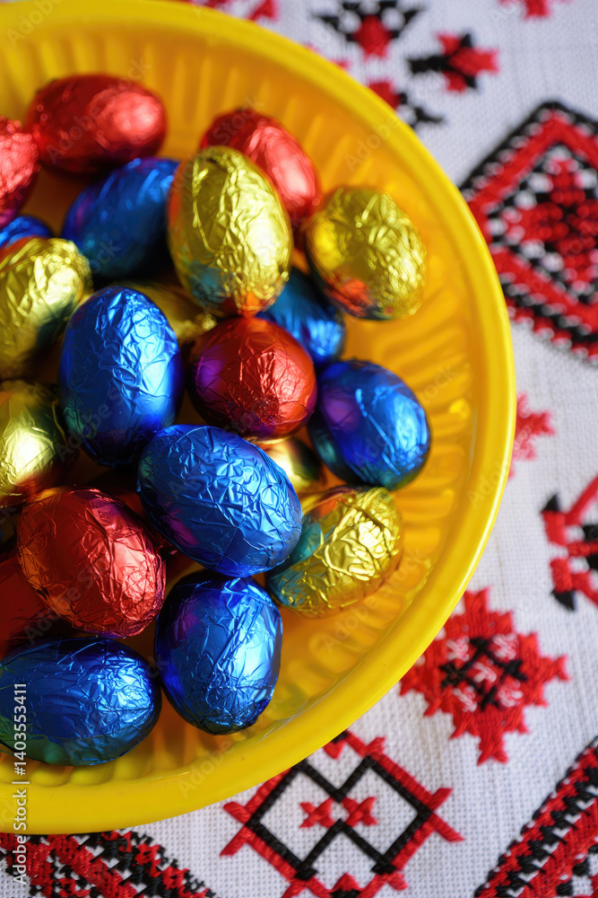 A close-up shot of colorful foil-wrapped chocolate Easter eggs in a bright yellow bowl. A close-up shot of colorful foil-wrapped chocolate Easter eggs in a bright yellow bowl.