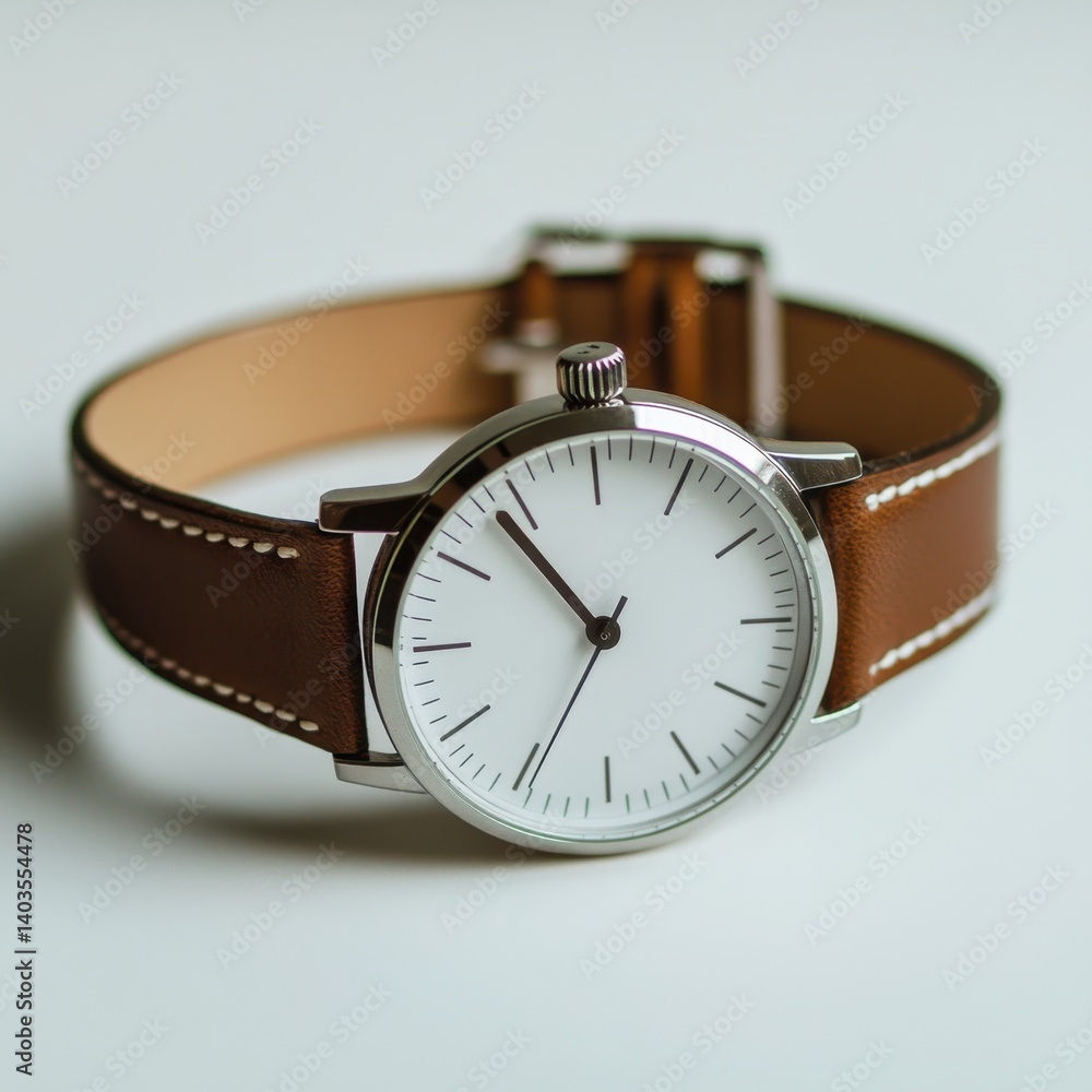 Minimalistic wristwatch with brown leather strap and clean white dial on soft background
Minimalistic wristwatch with brown leather strap and clean white dial on soft background