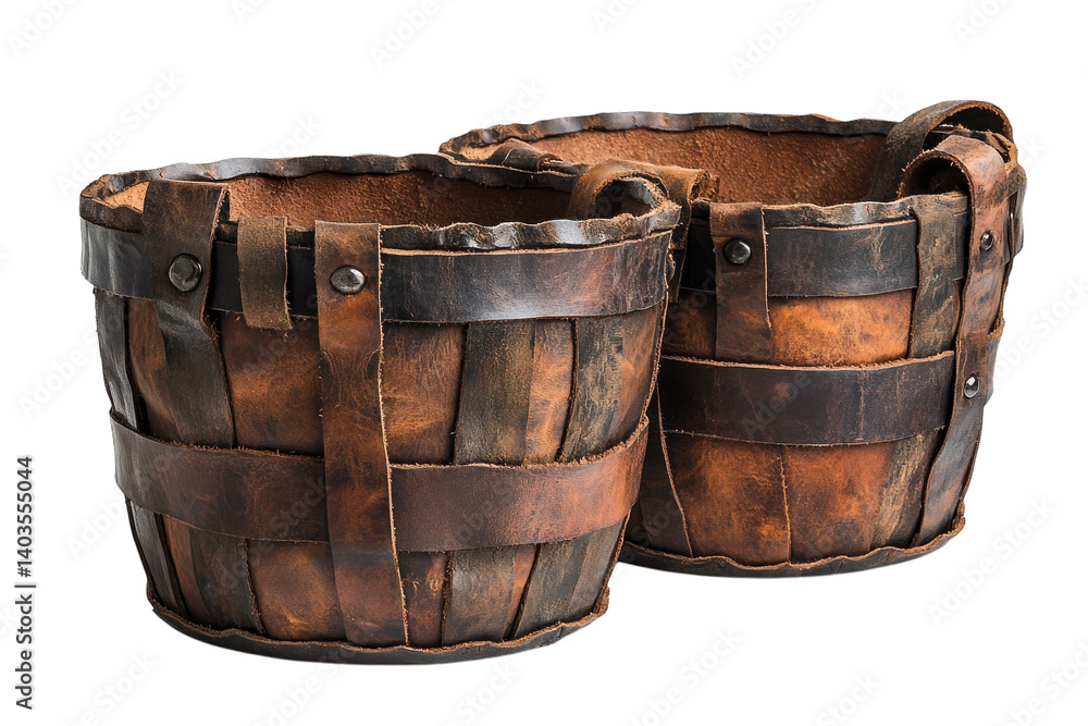 Fototapeta premium Rustic leather bound wooden baskets vintage handcrafted detail aged brown tones dark background