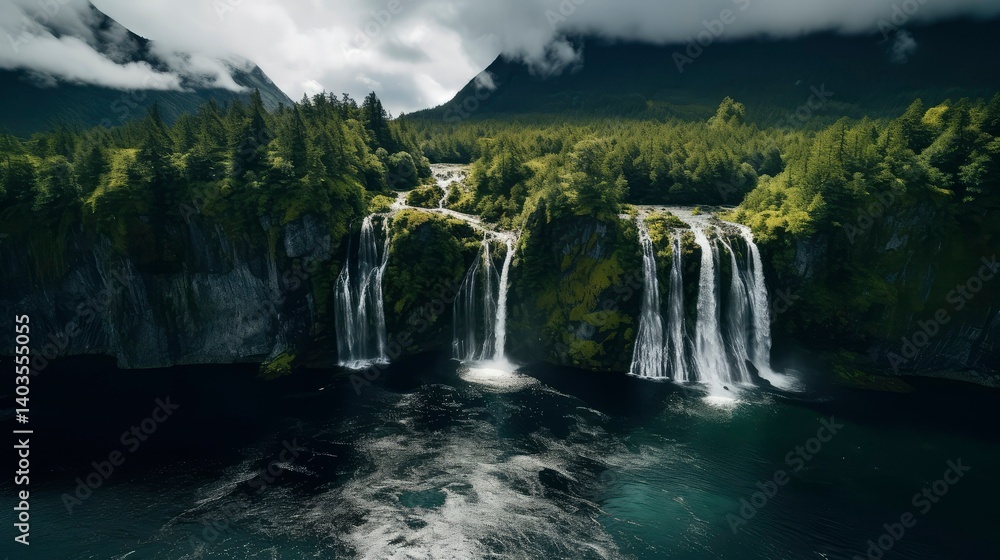 Fototapeta premium Majestic Waterfall Cascading Down Lush Green Cliffs in a Remote Mountain Valley