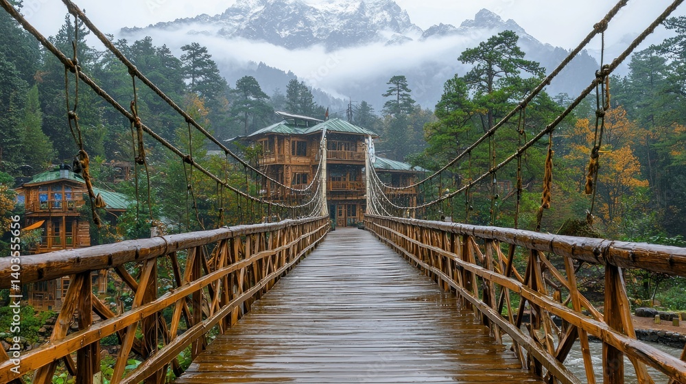 Obraz premium Wooden Bridge Leading to Mountain Lodge in Misty Autumn