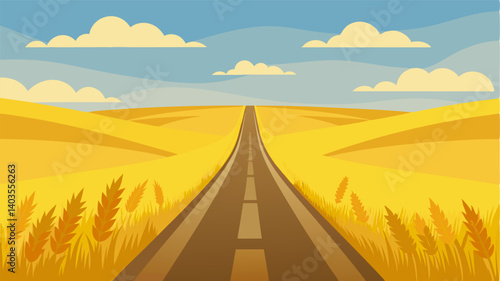 The road leads through a vast expanse of golden wheat fields gently swaying in the breeze as far as the eye can see.