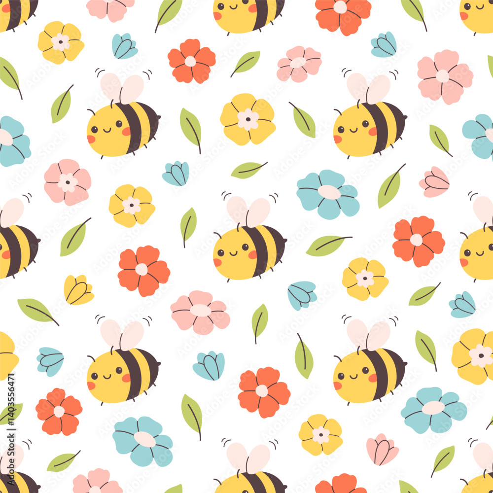 Cute seamless pattern with colorful various flowers and bees. Springtime, summertime. Printing on textiles, wallpaper, wrapping paper. Vector illustration in flat style Cute seamless pattern with colorful various flowers and bees. Springtime, summertime. Printing on textiles, wallpaper, wrapping paper. Vector illustration in flat style