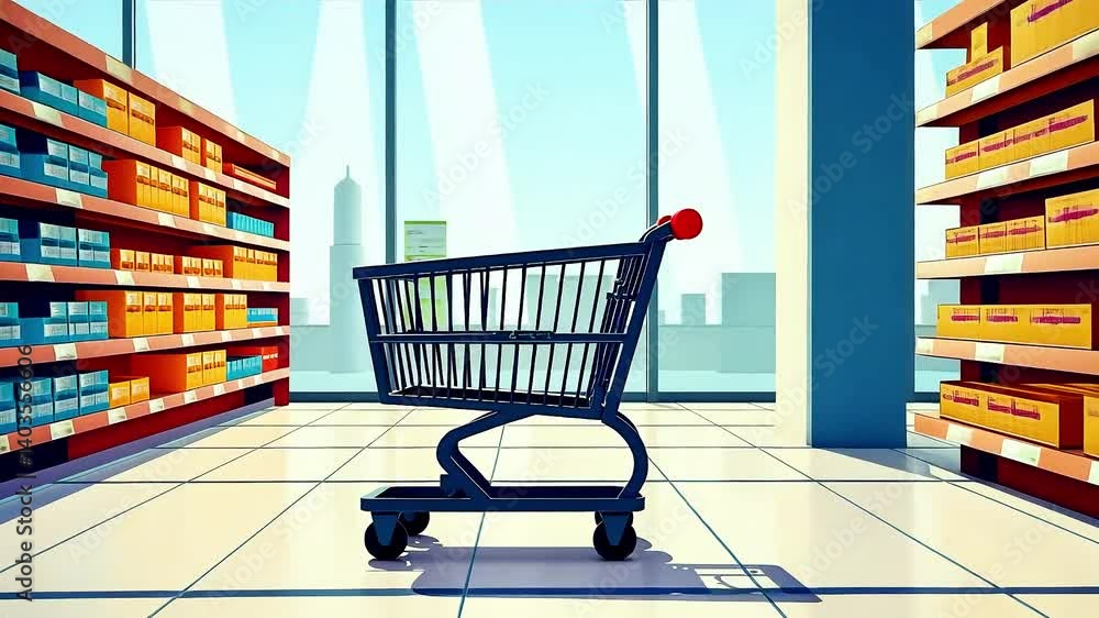 Shopping cart moving in supermarket among shelves with products, cartoon vector style. Shopping concept, discount, big sale