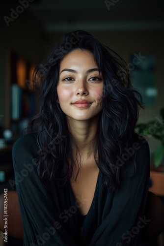 Wallpaper Mural A close-up shot of a young Asian womanâ€™s face, her expressive eyes glimmering with passion and energy as she engages in a video call, her confident smile framed by soft natural lighting Torontodigital.ca