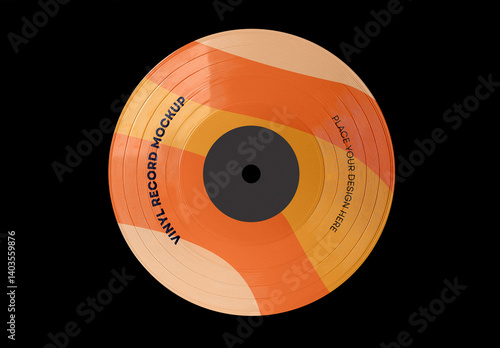 Minimalistic Vinyl Record Mockup with Retro Abstract Design on Black Background — Top View for Album Cover Presentation