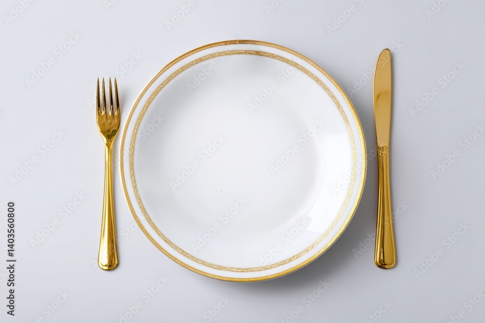 Elegant dining set features golden cutlery and a white plate with gold rim on a soft gray surface. Elegant dining set features golden cutlery and a white plate with gold rim on a soft gray surface.