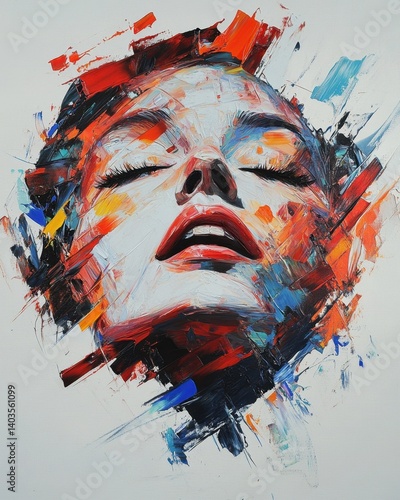 Abstract portrait of a woman with eyes closed made from colorful expressive brush strokes