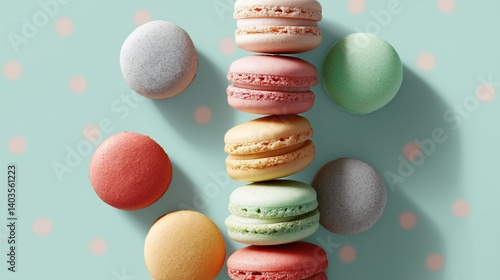 Group of colorful macarons arranged in a pyramid-like shape on a light blue background with small pink polka dots.