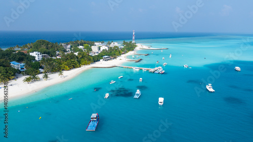 View of Fulidhoo island in the Maldives. Aerial top view of tropical island.