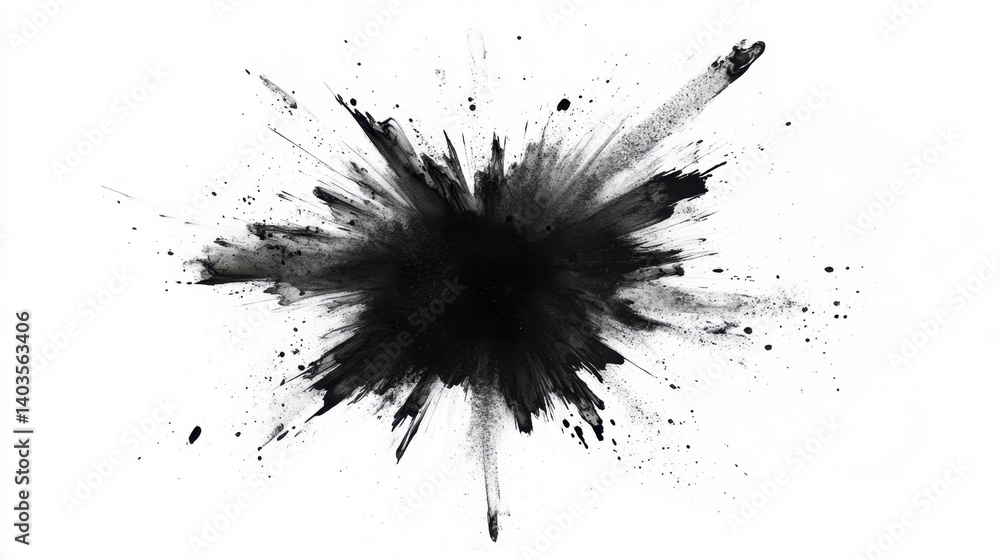 Centralized black ink blot splash with radial spray pattern on white background Centralized black ink blot splash with radial spray pattern on white background