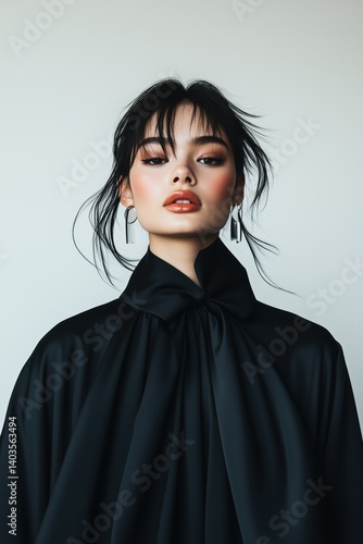 A medium shot of a European-Asian model with a captivating presence, their expressive eyes and natural smile exuding a mix of elegance and confidence, dressed in a sleek, modern outfit