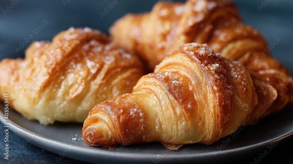 Three freshly baked croissants on a black plate. the croissant on the left is golden brown and has a flaky texture, while the one on the right is slightly larger and has an oval shape. Three freshly baked croissants on a black plate. the croissant on the left is golden brown and has a flaky texture, while the one on the right is slightly larger and has an oval shape.
