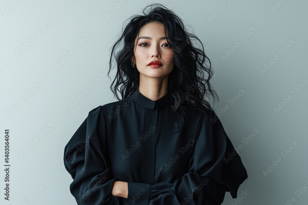 Fototapeta premium A medium shot of a stunning European-Asian woman with striking features, her eyes reflecting confidence and passion, standing casually with a slight smile, hands lightly crossed