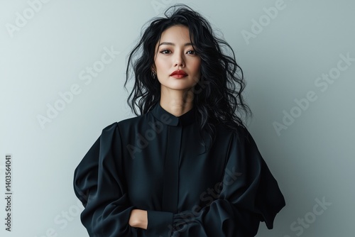 A medium shot of a stunning European-Asian woman with striking features, her eyes reflecting confidence and passion, standing casually with a slight smile, hands lightly crossed