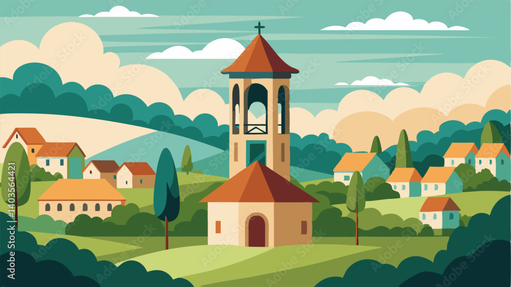 Naklejka premium The old bell tower a symbol of the villages past standing tall in the midst of the bustling village green.