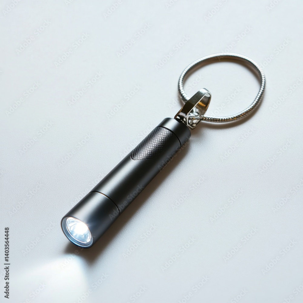 Minimalist metallic keychain flashlight with modern design and bright white LED light beam
