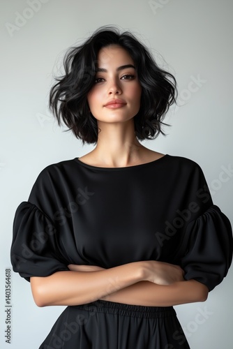 A medium shot of a stunning European-Asian woman with striking features, her eyes reflecting confidence and passion, standing casually with a slight smile, hands lightly crossed
