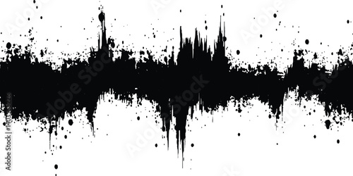 Vector black grunge soundwave with ink splatter effect white background. Black ink splatter grunge design element, transparent background, vector illustration,