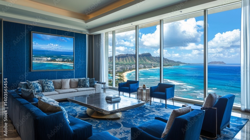 Fototapeta premium Opulent Coastal Living Room with Stunning Ocean View and Luxury Decor