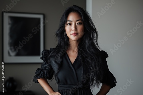 A medium shot of an Asian woman standing confidently, her eyes sparkling with passion, hands lightly resting on a desk, captured candidly against a plain white background, clean and modern. 