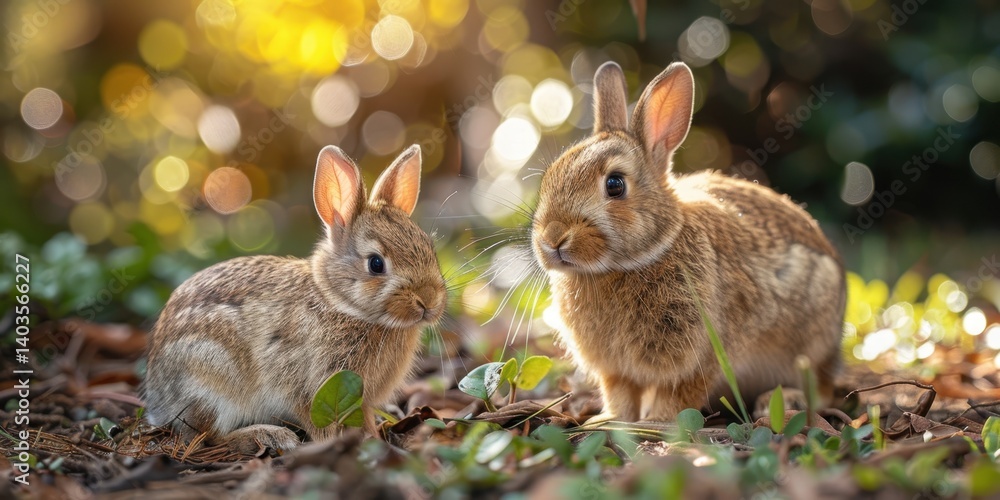 Fototapeta premium cute baby rabbit with mother in the field, motherhood concept easter