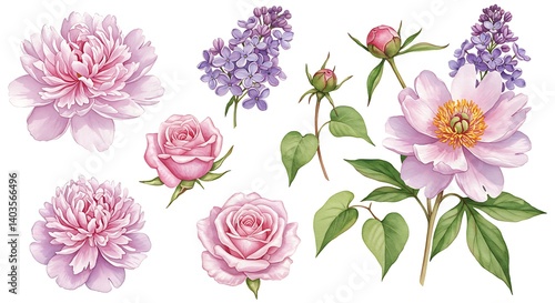 Botanical Watercolor Delights: Peonies, Roses, and Lilacs in Exquisite Detail AI Generated