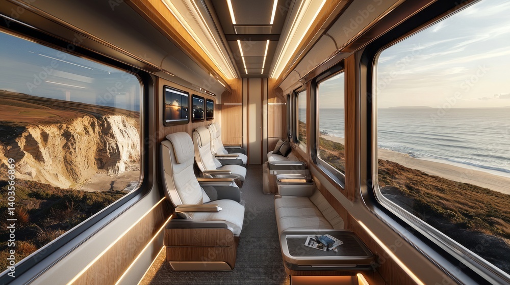 Fototapeta premium Luxury First Class Train Interior with Scenic Ocean Views
