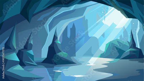 The walls of the cave glisten and sparkle reflecting the soft glow of sunlight that filters through the thin layer of ice.