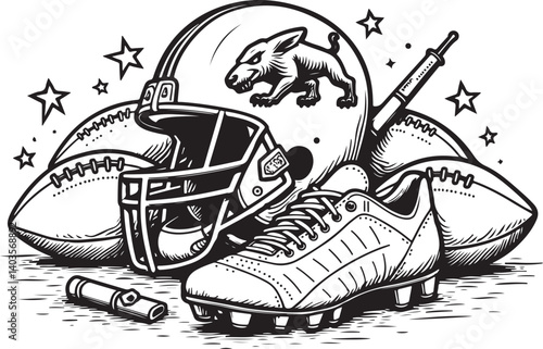 American Football Gear Illustration with Stars

Monochrome Football Helmet, Shoes, and Equipment

Grunge Style American Football Vector Art