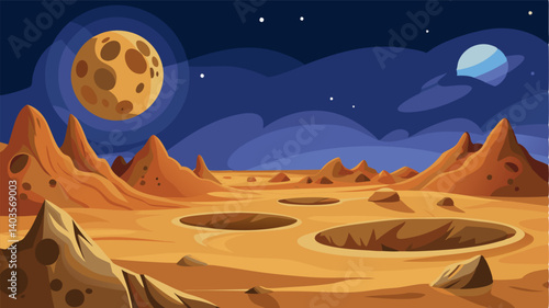 The rocky desert seems almost lunar in its appearance with craters and crevices tered throughout the dusty ground.