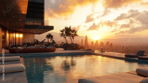 A penthouse pool area at sunset in Los Angeles, with panoramic city views and stylish lounge furniture.