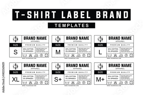Apparel Size Tags with Fabric Composition and Care Instructions. Unisex Clothing Label Template