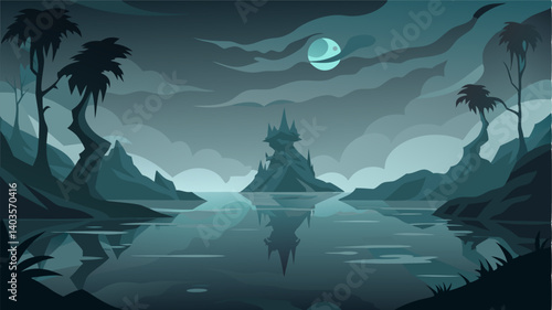The dark and murky waters reflect the mist above creating an almost dreamlike and unsettling scene.