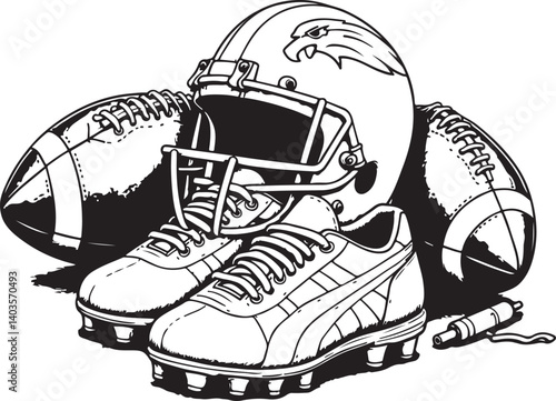 American Football Gear Illustration with Stars

Monochrome Football Helmet, Shoes, and Equipment

Grunge Style American Football Vector Art