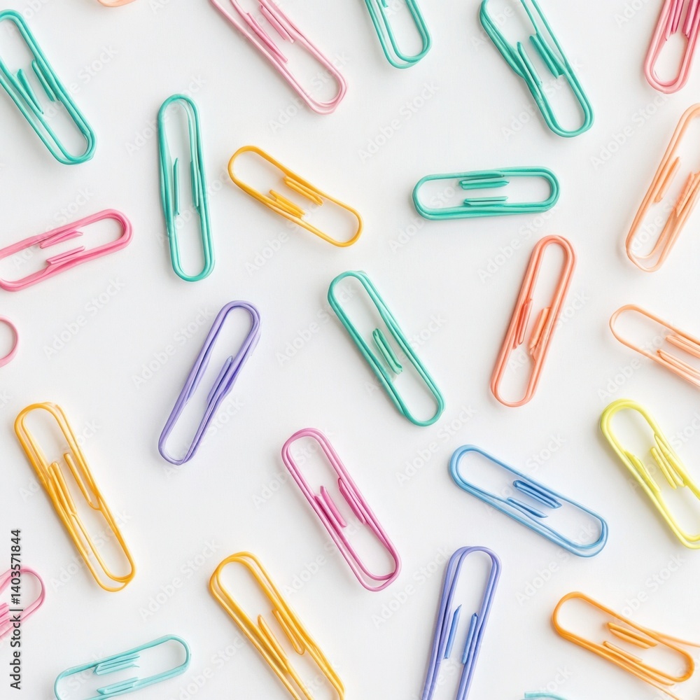 Colorful scattered pastel paper clips arranged in neat flat lay over clean white background
Colorful scattered pastel paper clips arranged in neat flat lay over clean white background