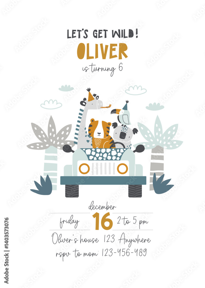 Naklejka premium Vector invitation template for children's birthday party with cute African animals in a car, palm trees and clouds. Safari Party. Children's birthday party. Baby boy. Tiger, koala, giraffe, toucan.