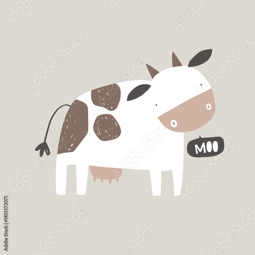 Vector illustration cute cow says moo. White cow with spots on beige background. Farm. Domestic animals. Illustration for children. Scandinavian style.