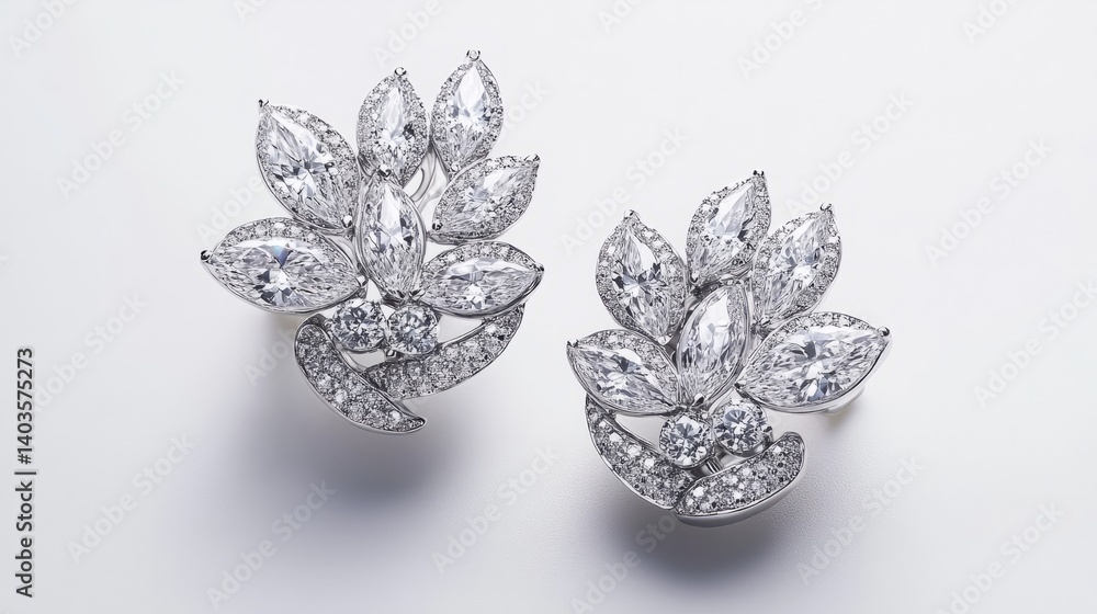 Fototapeta premium Chic white gold earrings with brilliant diamonds, displayed against a white surface to highlight their shine