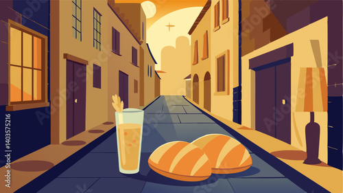 The faint scent of freshly baked bread and the sound of clinking glasses fill the air in this charming alleyway nestled in the heart of the city.