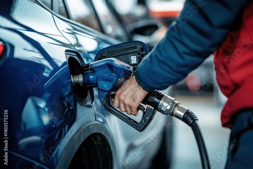 A person refuels their blue car at a gas station, ensuring vehicle readiness and optimal performance.